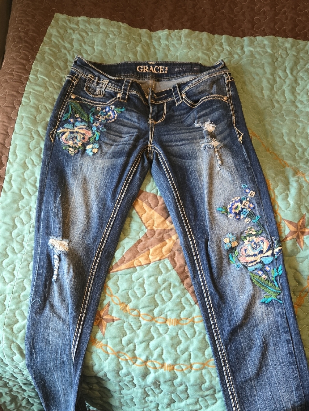 Grace in LA Dark Blue Skinny Jeans with Floral Embroidery